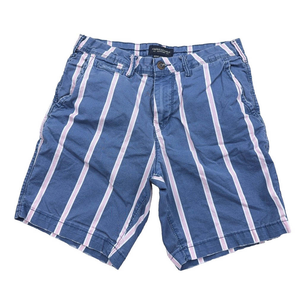 American Eagle Chino Shorts Men 30 Blue Pink Striped Slim Fit Preppy Adult